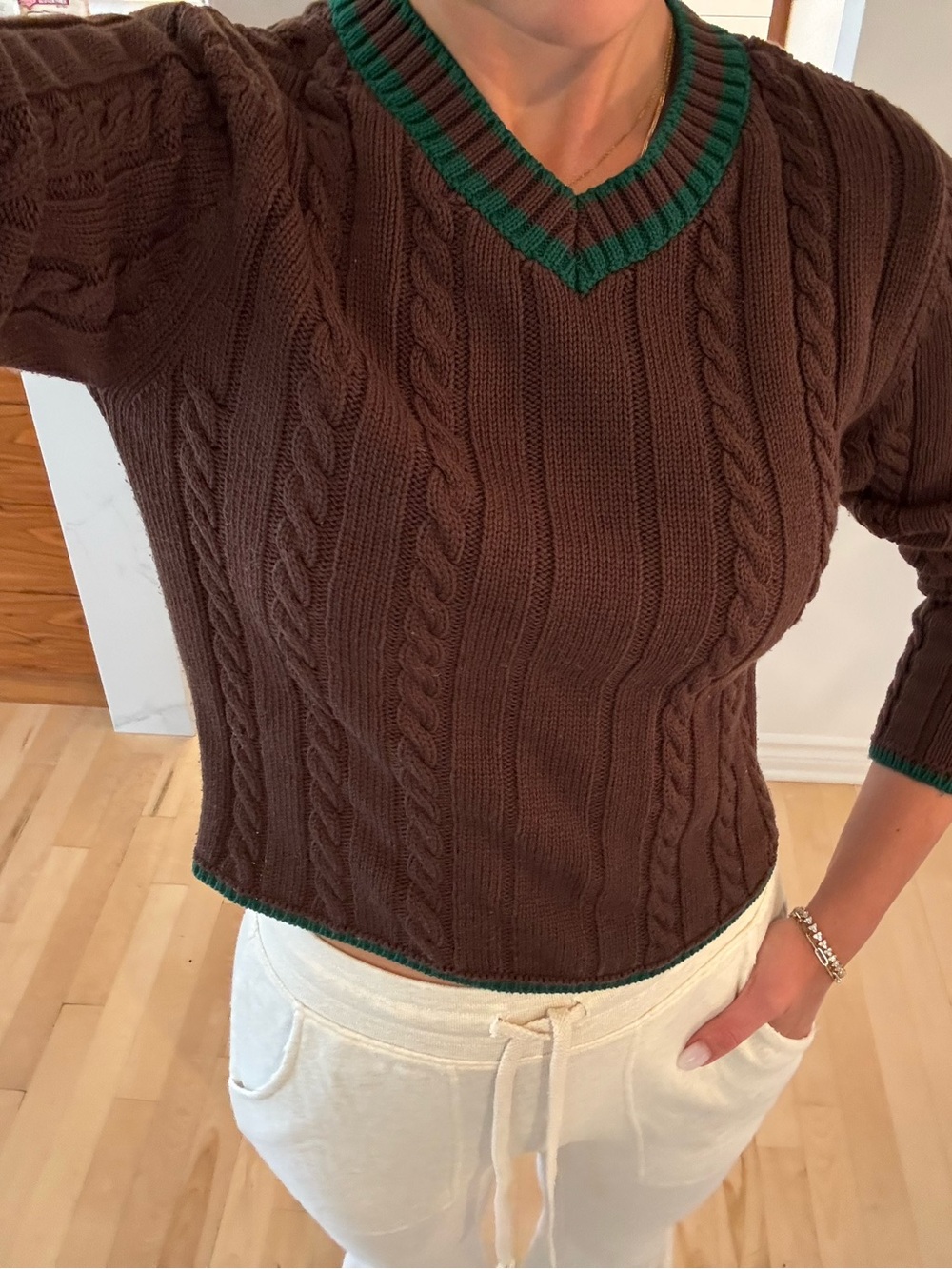 Brown Zara Cable-Knit V-Neck Sweater with Green Trim